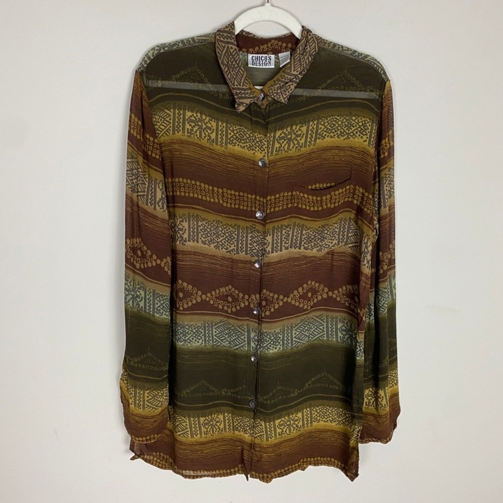 Chicos Sheer Button Down Shirt Womens Medium Earthy Tribal Print Southwestern
